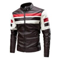 Retro Stand Collar Motorcycle Leather Jacket - Brown